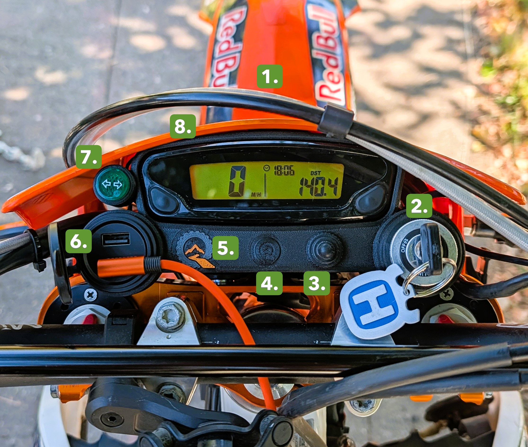 Numbered feature locations on a Quinnware dashboard installed on a Husqvarna FE350